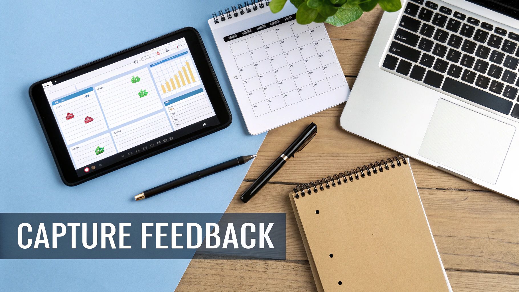 Flat lay of a workspace with a tablet displaying charts, calendar, laptop, and pens, emphasizing 'CAPTURE FEEDBACK'.