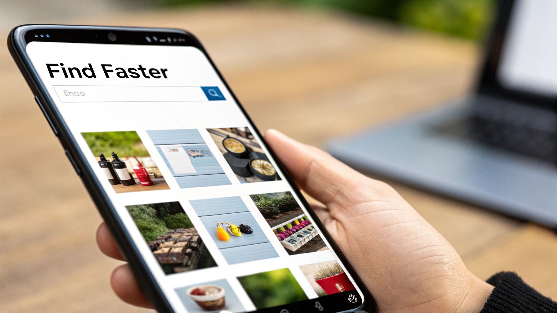 Close-up of a hand holding a smartphone showing a 'Find Faster' search app with image results.