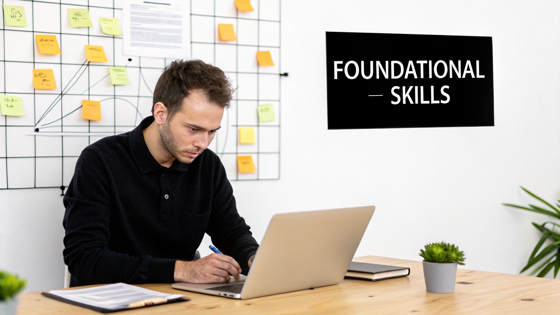 A focused man writes notes while working on a laptop in an office with a "Foundational Skills" sign.