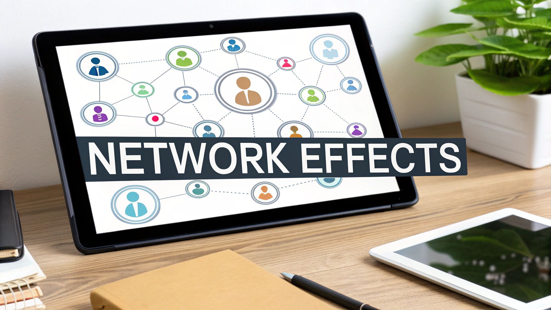 A tablet displays a network diagram with interconnected user icons, overlaid with 'NETWORK EFFECTS' text.