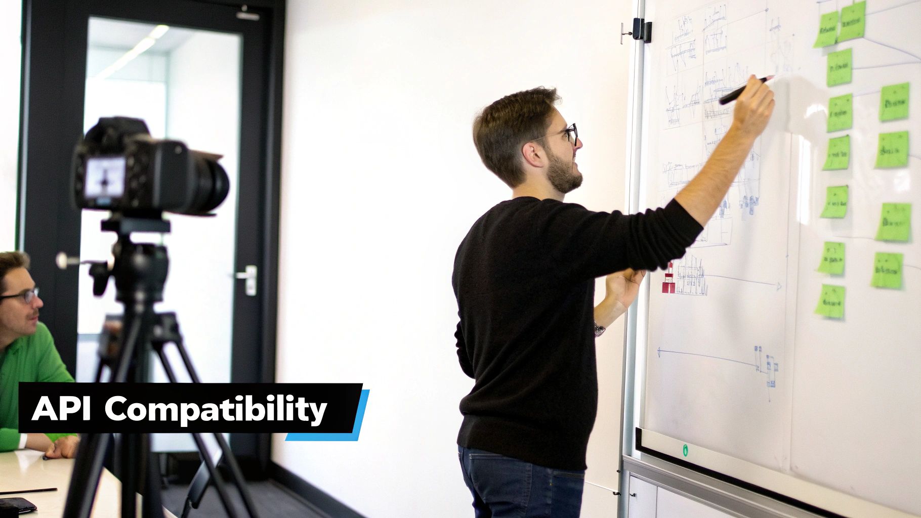 Man with glasses presenting "API Compatibility" and technical diagrams on a whiteboard, being filmed.