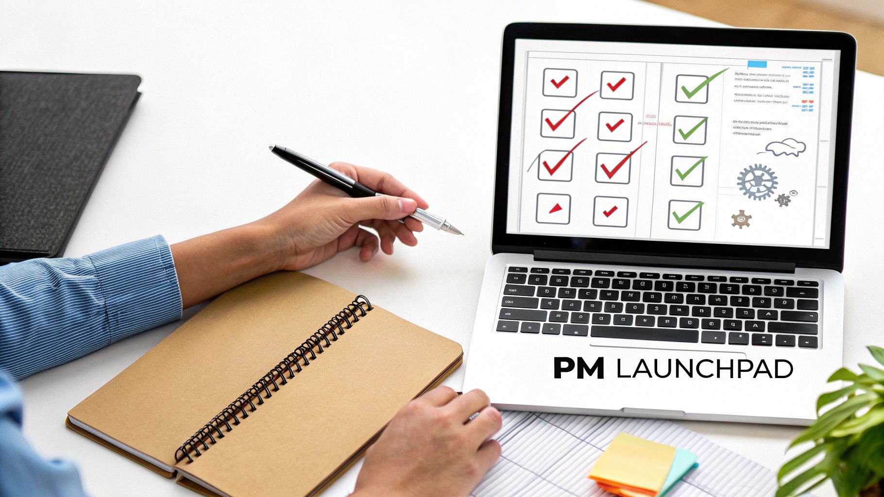 Person planning project tasks on a laptop with a checklist, next to a notebook and pen.