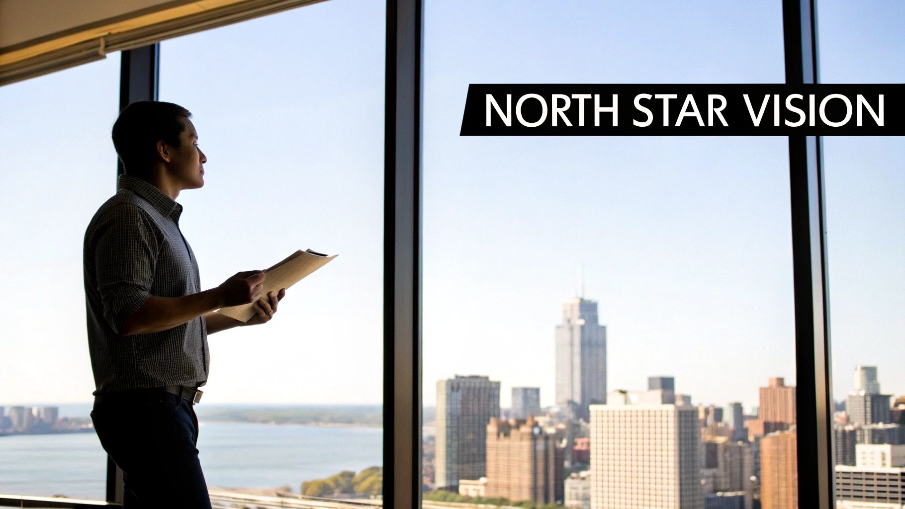 A man stands by a large window, holding documents, looking out at a city skyline. 'NORTH STAR VISION' text is visible.