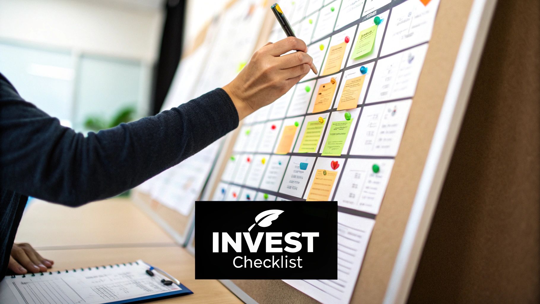 A person's hand with a pen pointing at a board filled with colorful sticky notes and papers, representing a project checklist.