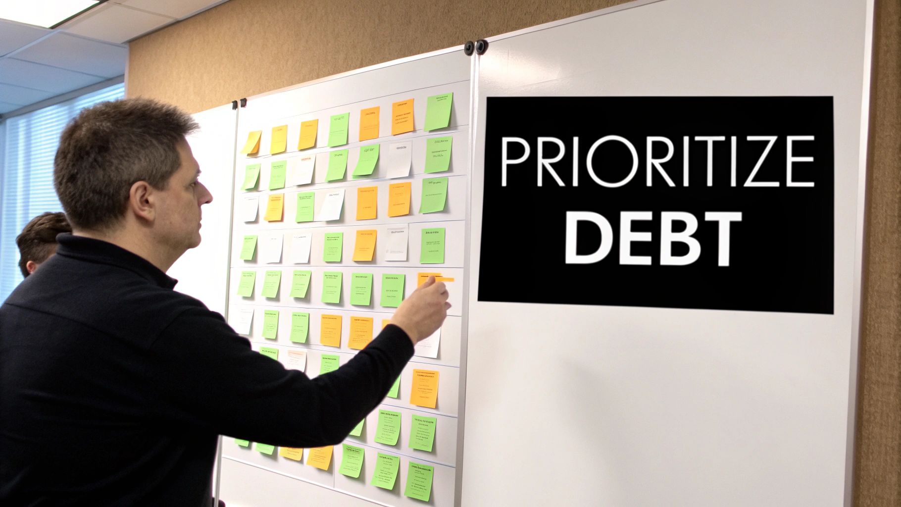 Team member organizing technical debt priorities on whiteboard with colorful sticky notes during planning session