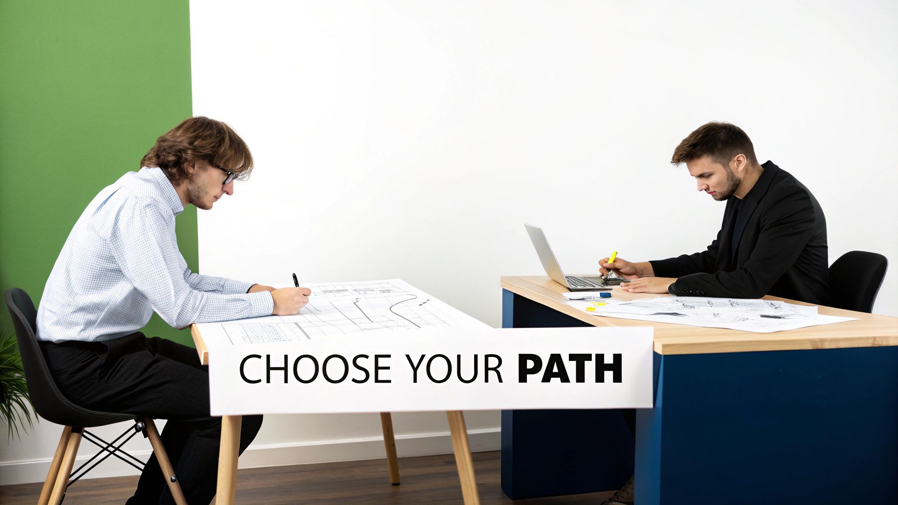 Two young men working at separate desks, one drawing and one on a laptop, with 'CHOOSE YOUR PATH' text.