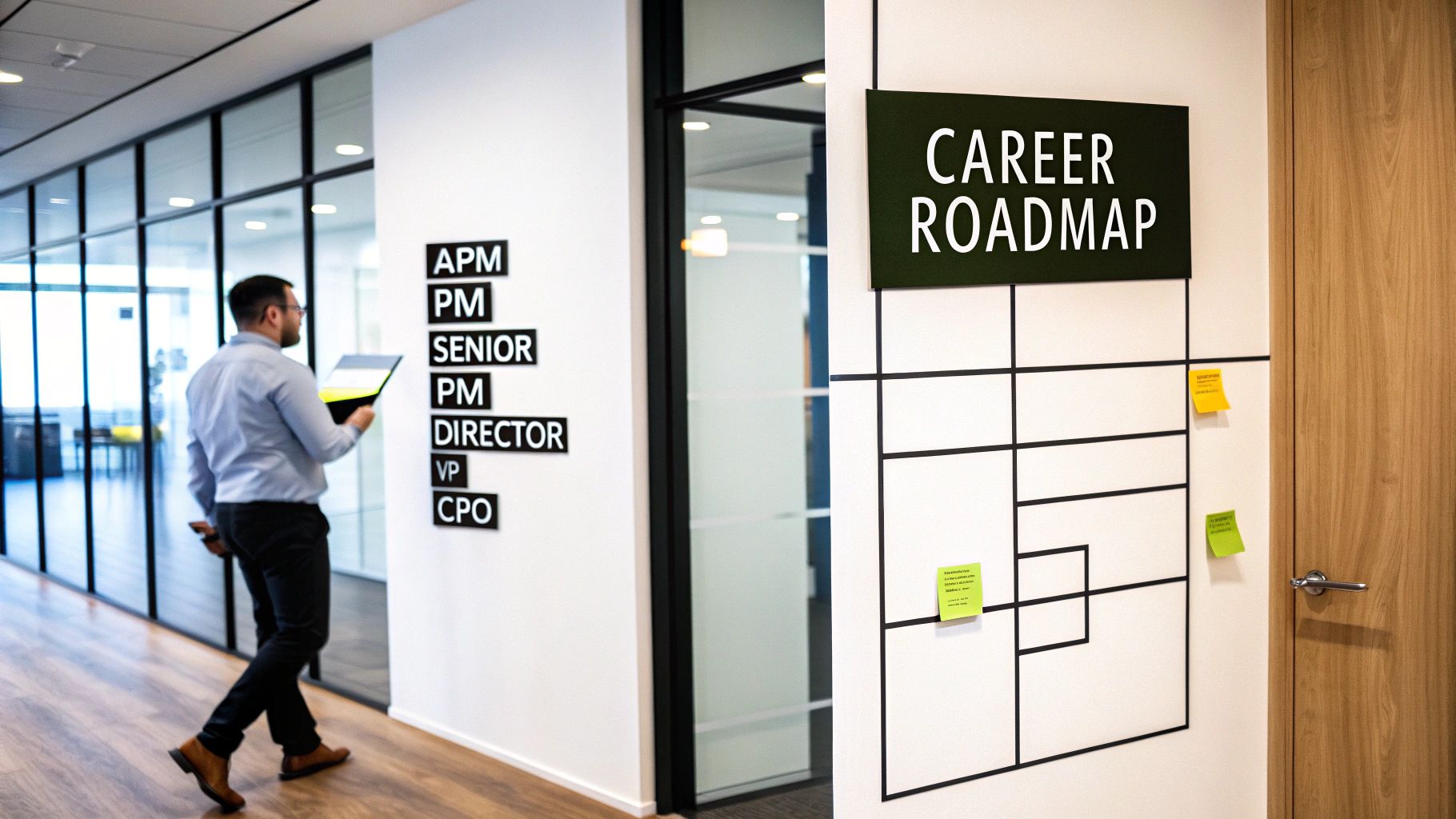 A man walks past an office wall displaying a "CAREER ROADMAP" and various product management job titles.