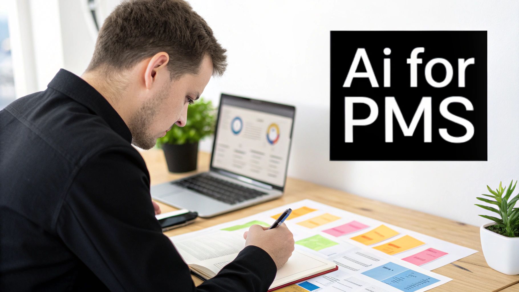 Man focused on work, writing in a notebook at a desk with a laptop displaying charts and 'Ai for PMS' sign.