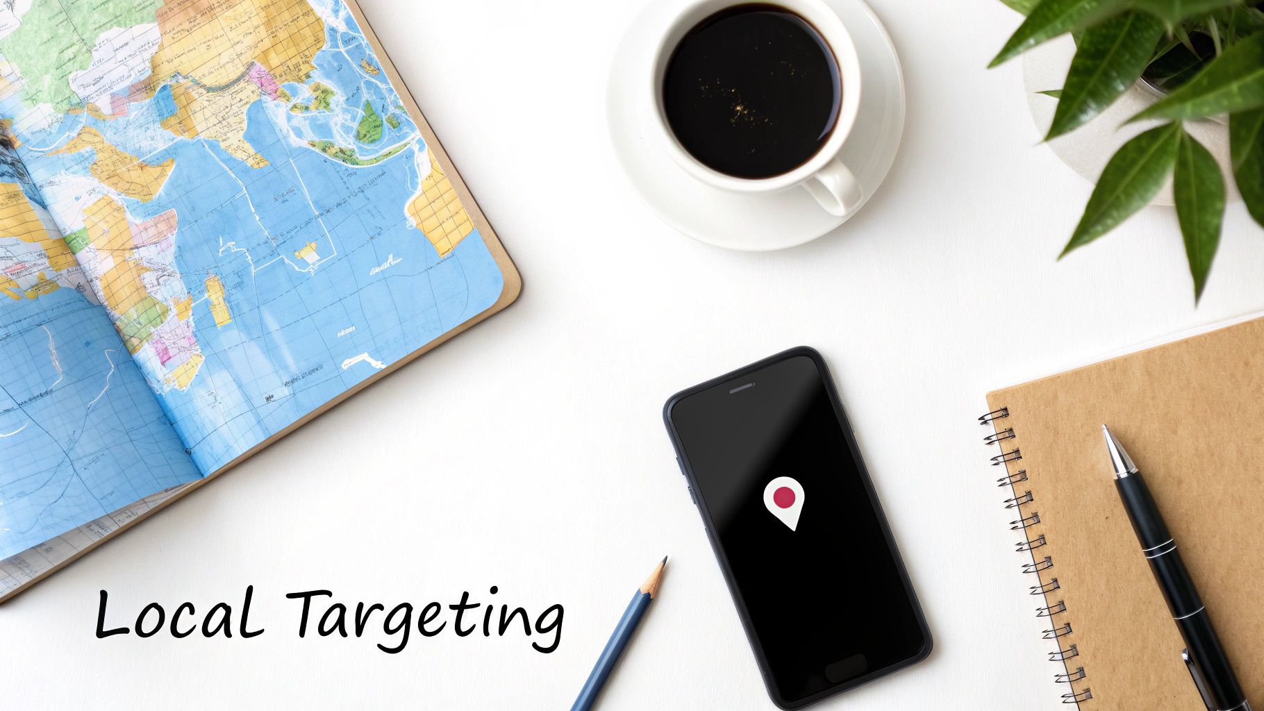 Local targeting concept with world map, smartphone showing location pin, coffee and notebook on desk