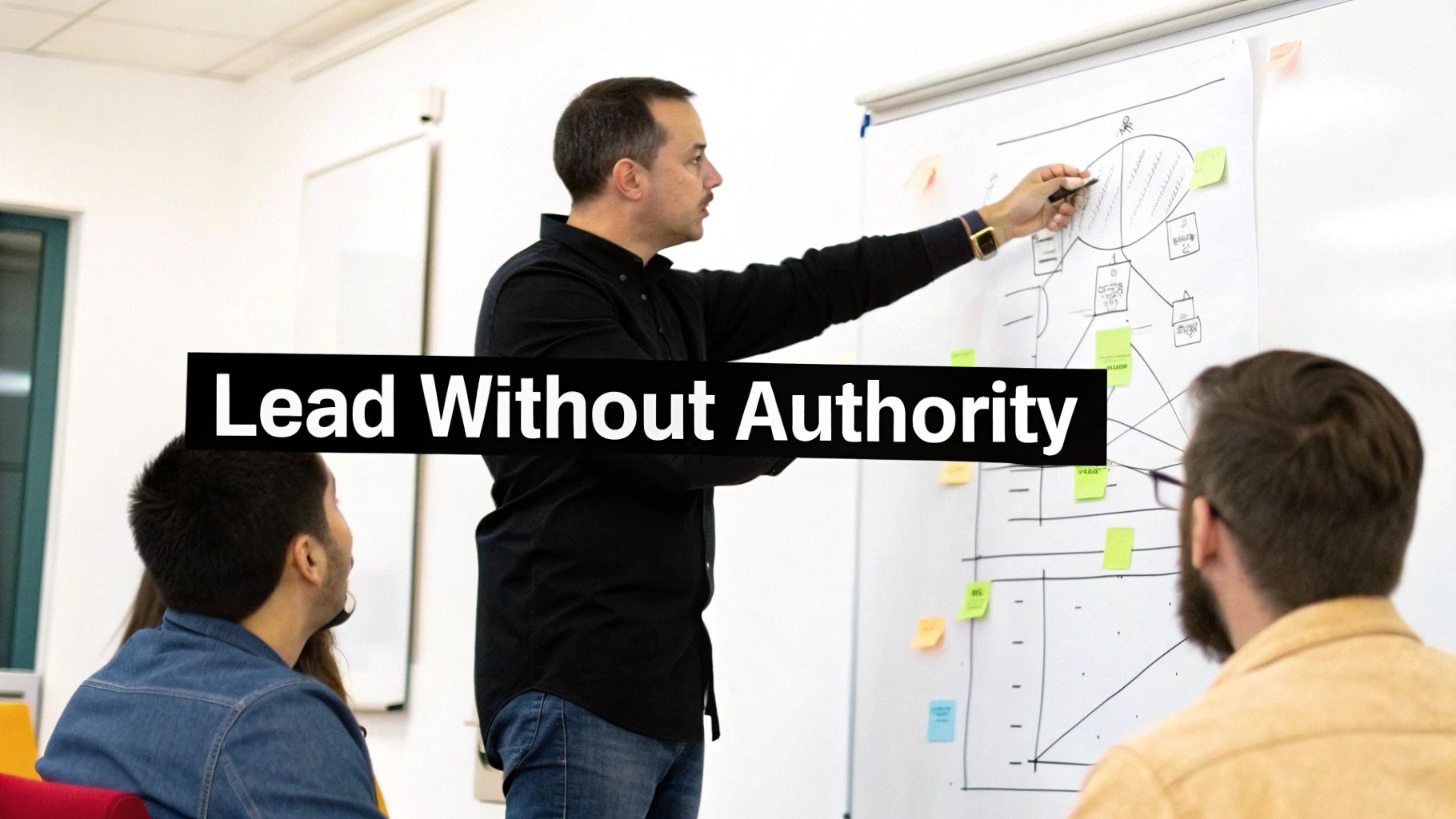 Professional man presenting collaborative workflow diagram on whiteboard to team members during strategy meeting