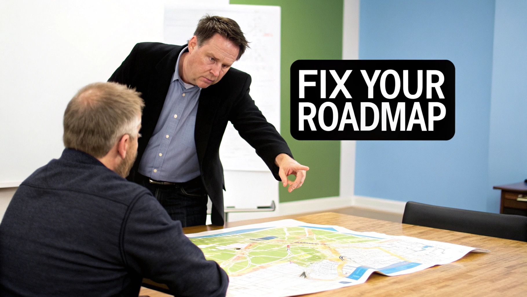 Businessmen analyze a map on a table, with a 'Fix Your Roadmap' overlay, discussing strategy.