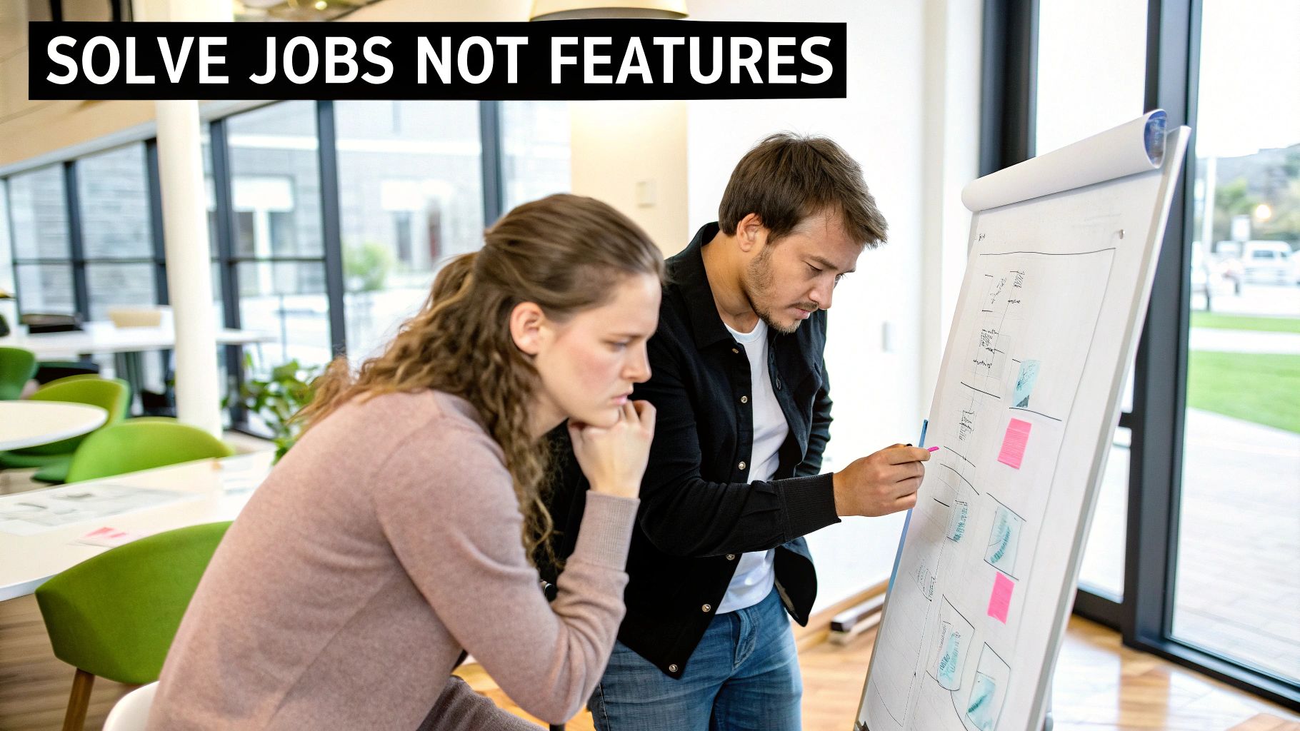 Two professionals collaborate on a flip chart in a bright office, focusing on problem-solving.