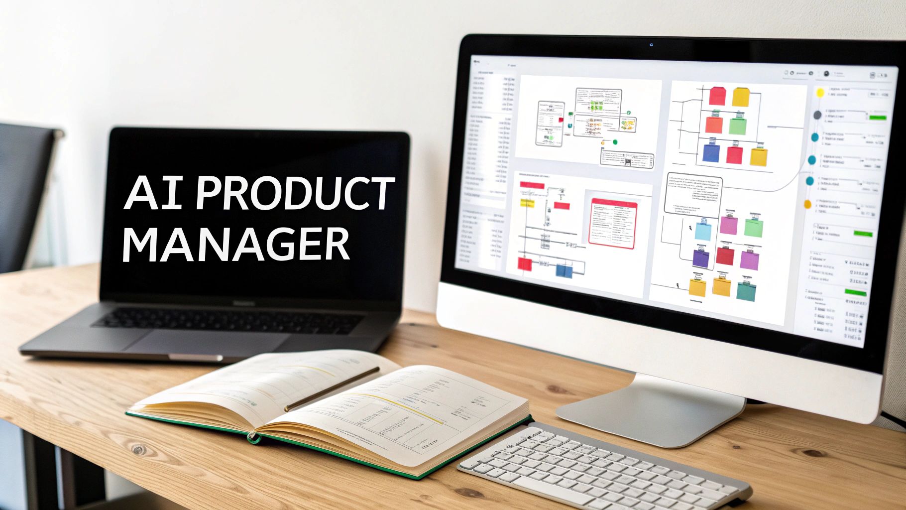 A desk with a laptop displaying 'AI PRODUCT MANAGER', a monitor with diagrams, and an open notebook.