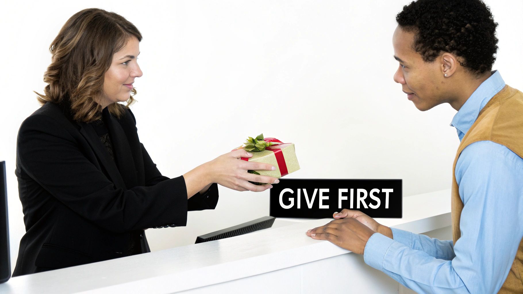 A smiling woman hands a wrapped gift with red ribbon to a man across a white counter, with a 'GIVE FIRST' sign visible.