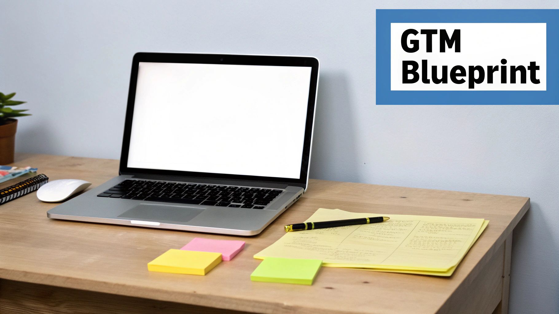 A clean workspace with a laptop, mouse, sticky notes, and a 'GTM Blueprint' sign.