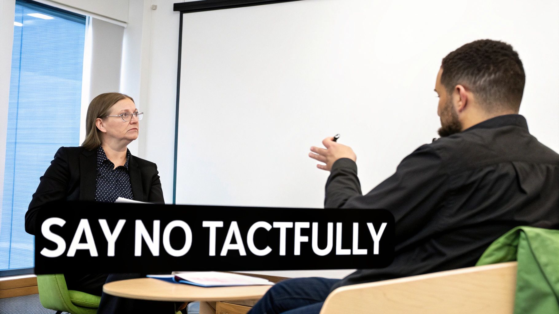 A professional woman and man in a discussion, overlaid with the text 'SAY NO TACTFULLY'.