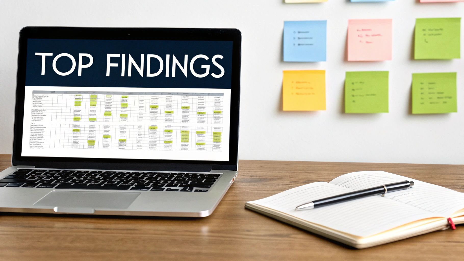 Laptop displaying 'TOP FINDINGS' and a data spreadsheet, with a notebook, pen, and sticky notes.