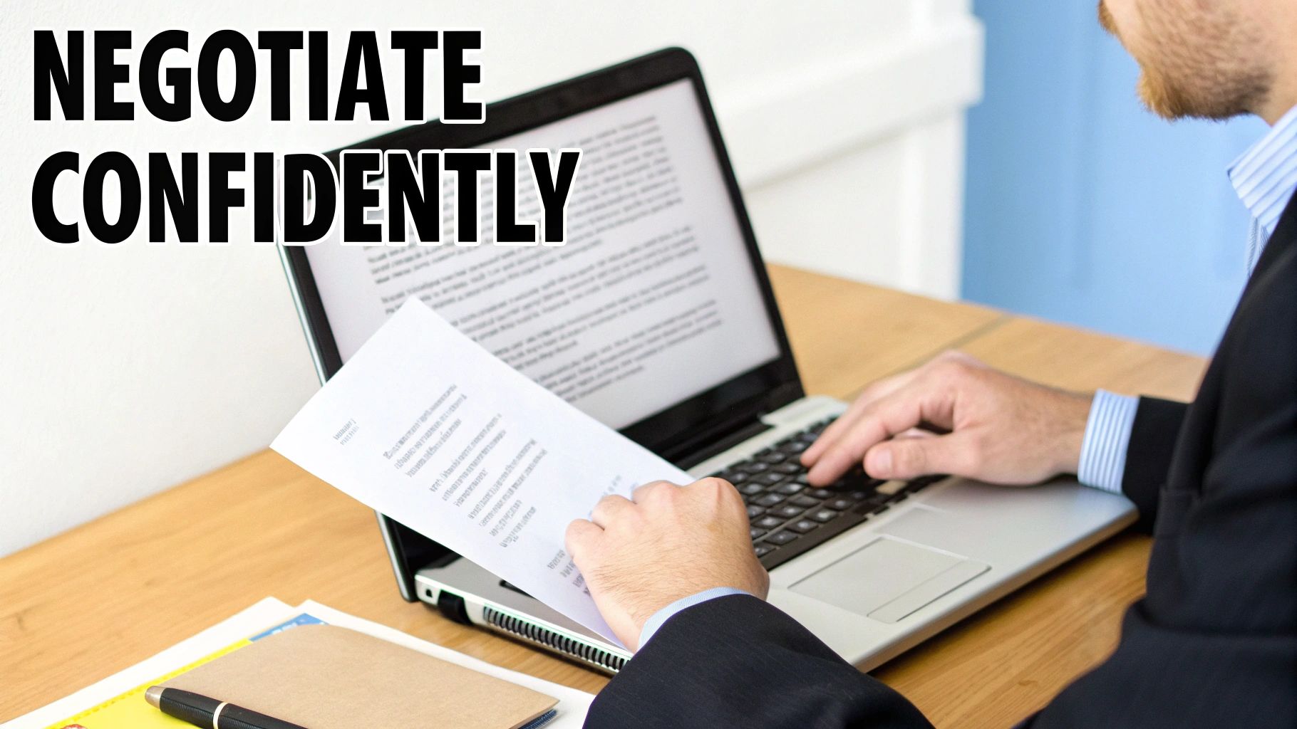 A person signing a contract on a wooden desk, symbolizing the final step of a successful salary negotiation after receiving a job offer.
