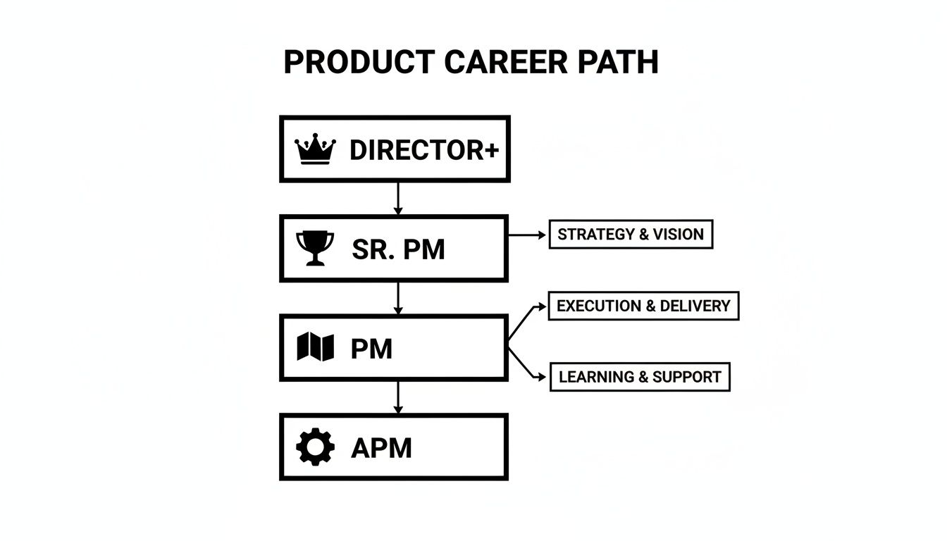 A clear flowchart outlining the product management career progression from APM to Director+, including key responsibilities.