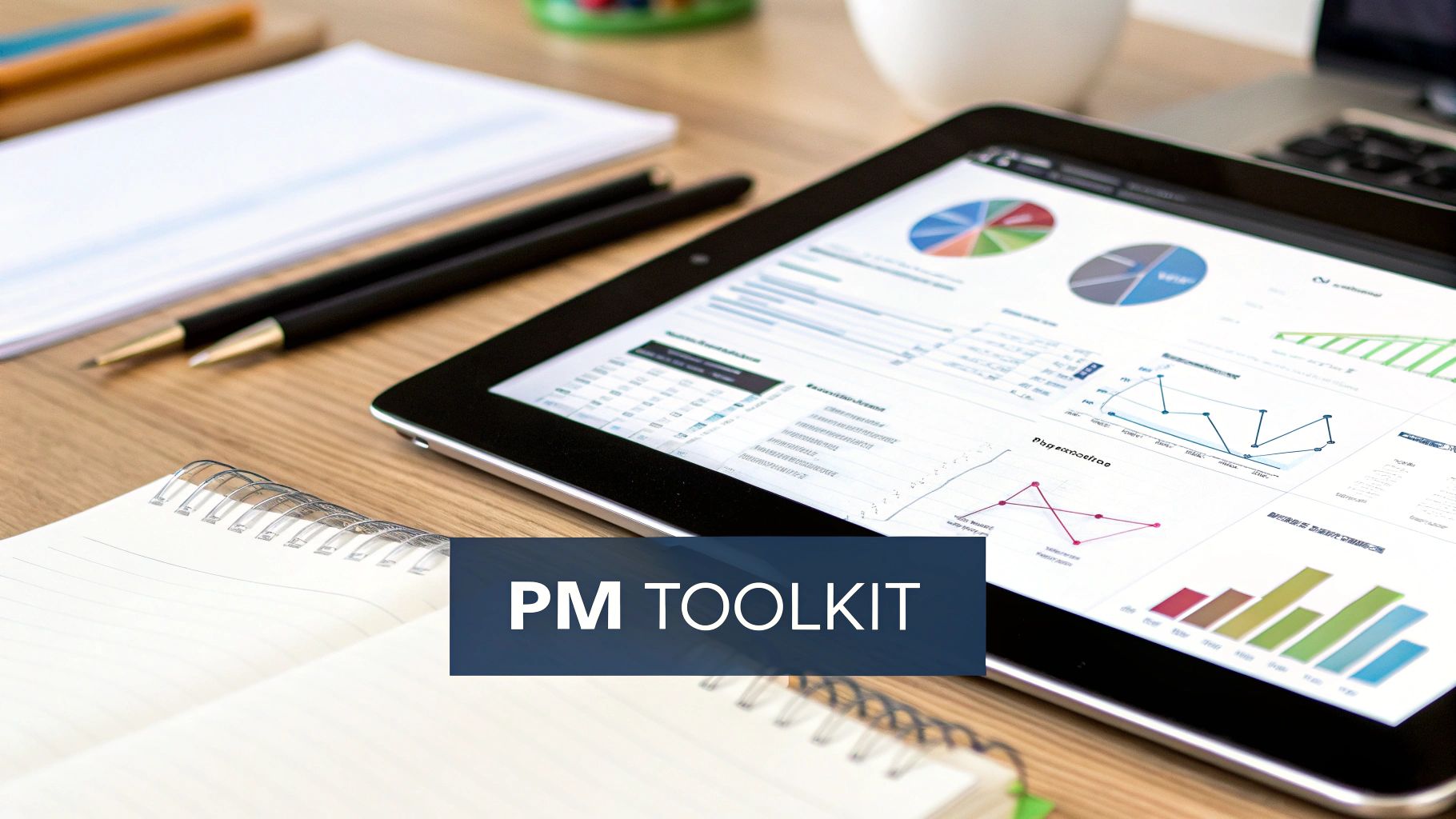 A modern product manager's desk with a laptop, notebook, and data charts.