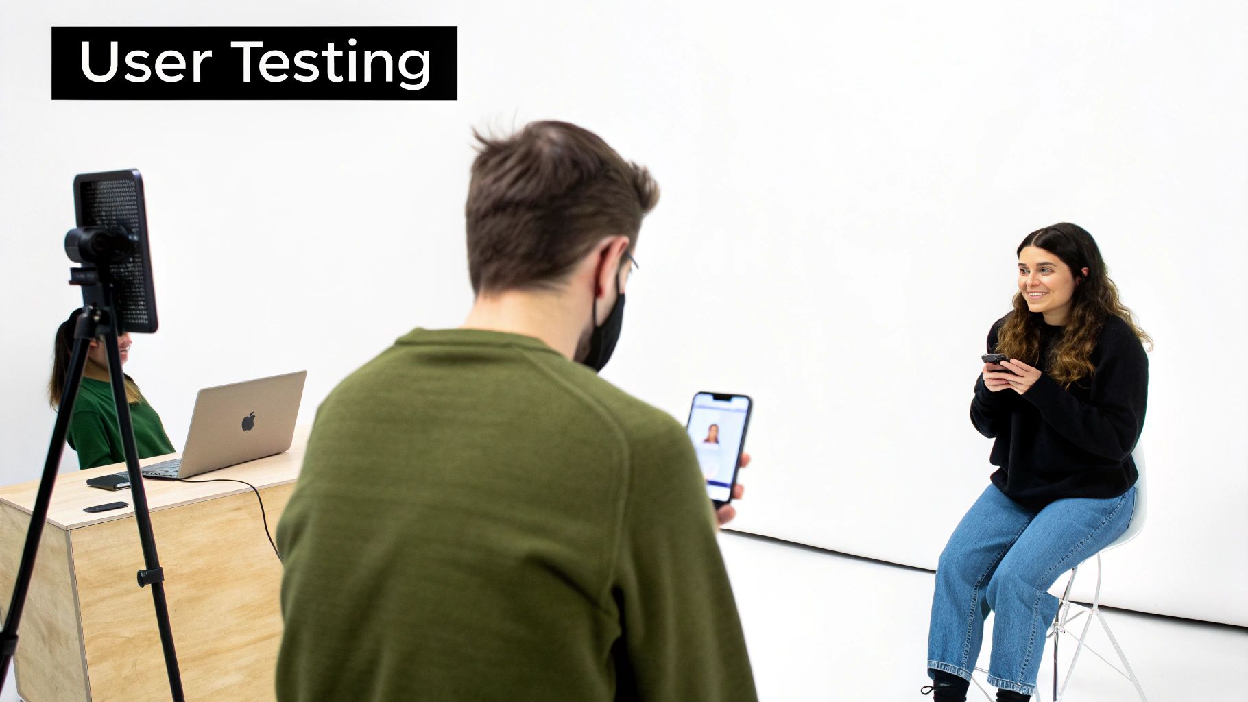 User testing session with two individuals, one observing a phone, the other engaging with a device.