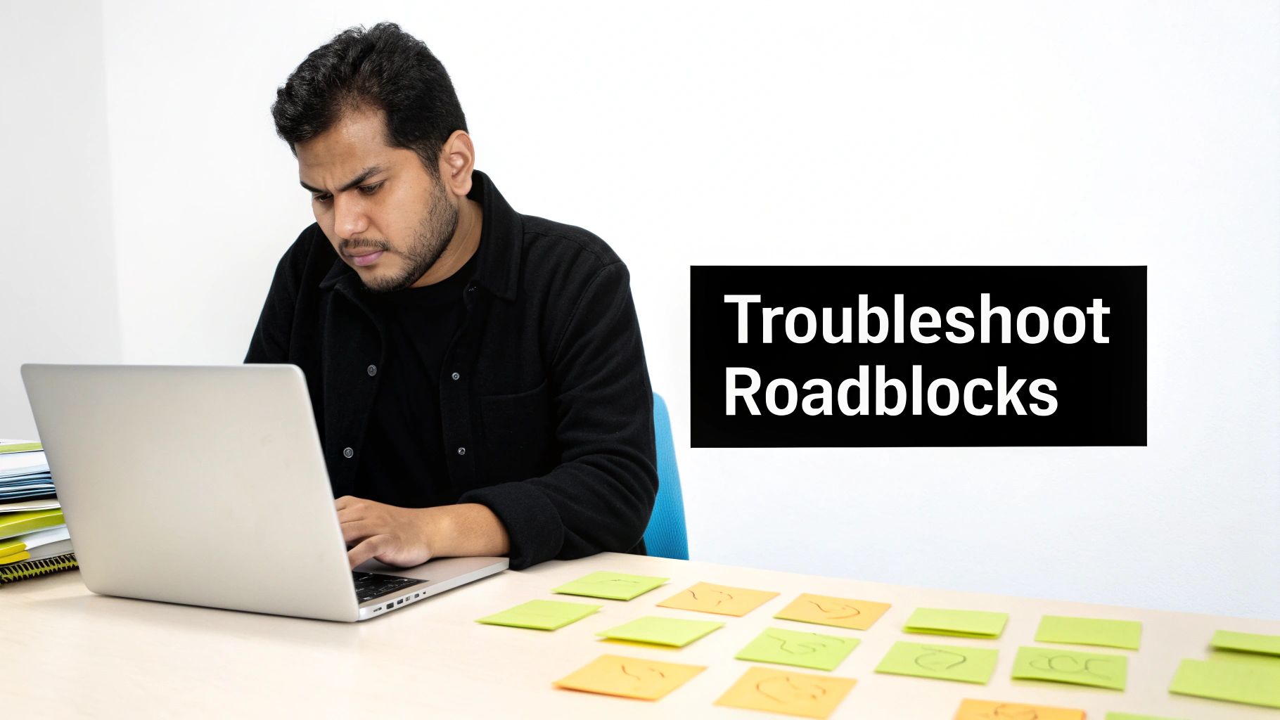 A focused man works on a laptop with sticky notes, next to text 'Troubleshoot Roadblocks'.