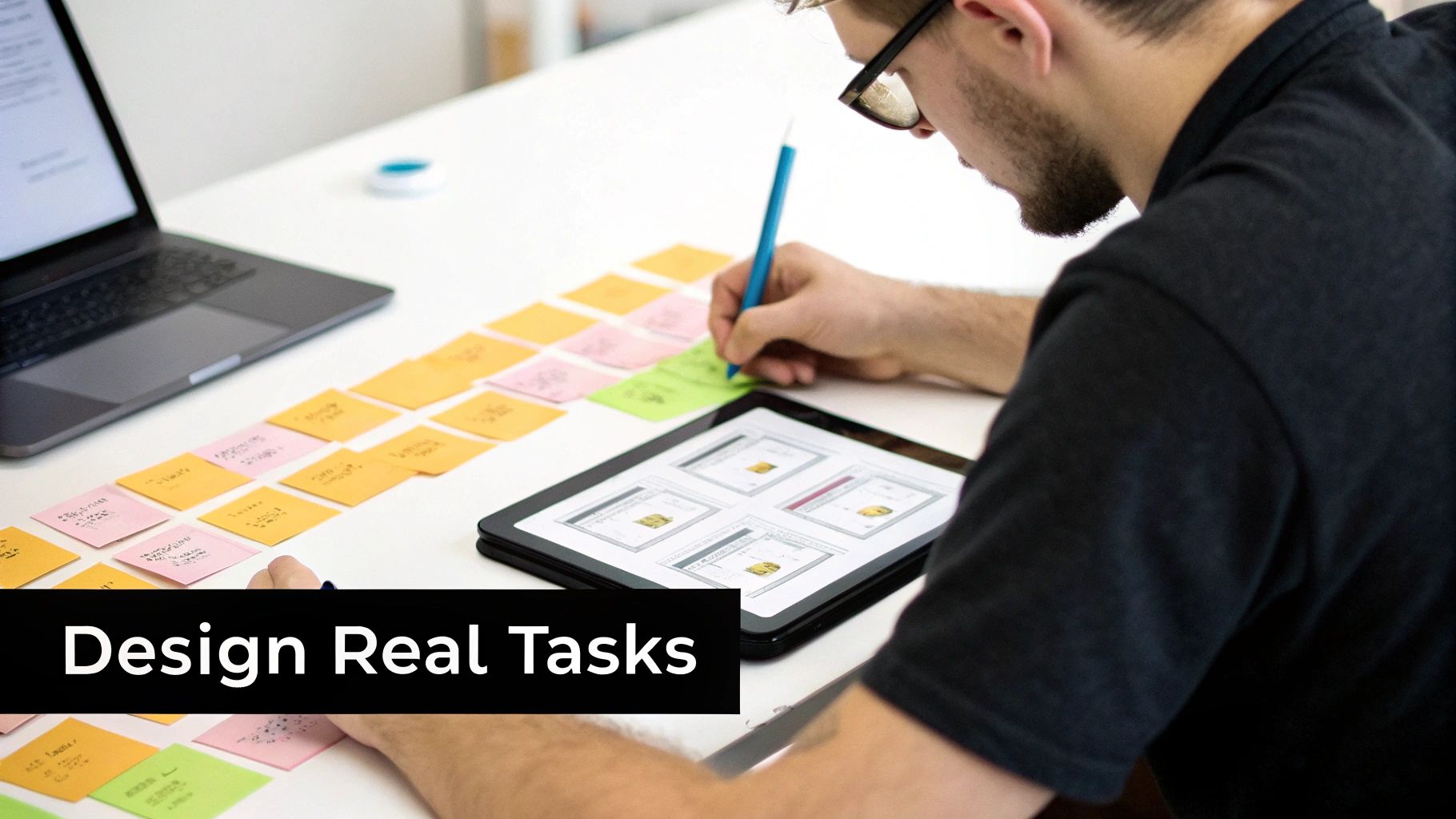 A person pointing at a screen during a usability test, collaborating with a colleague.