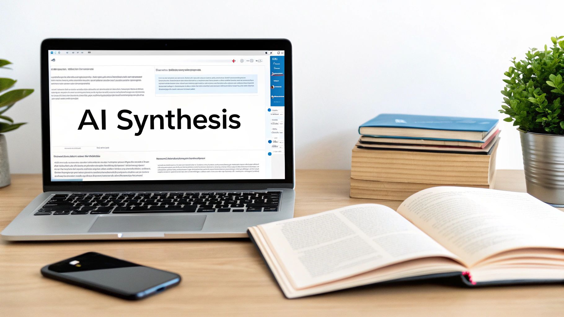 A laptop displaying 'AI Synthesis' on a desk with books, a smartphone, and a potted plant.