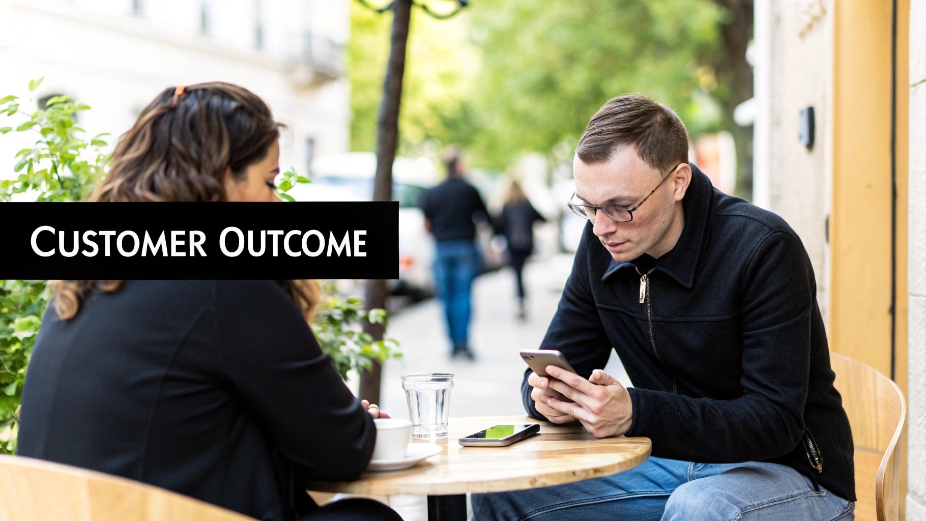 Two people at an outdoor cafe, one looking at a phone, with text 'CUSTOMER OUTCOME'.