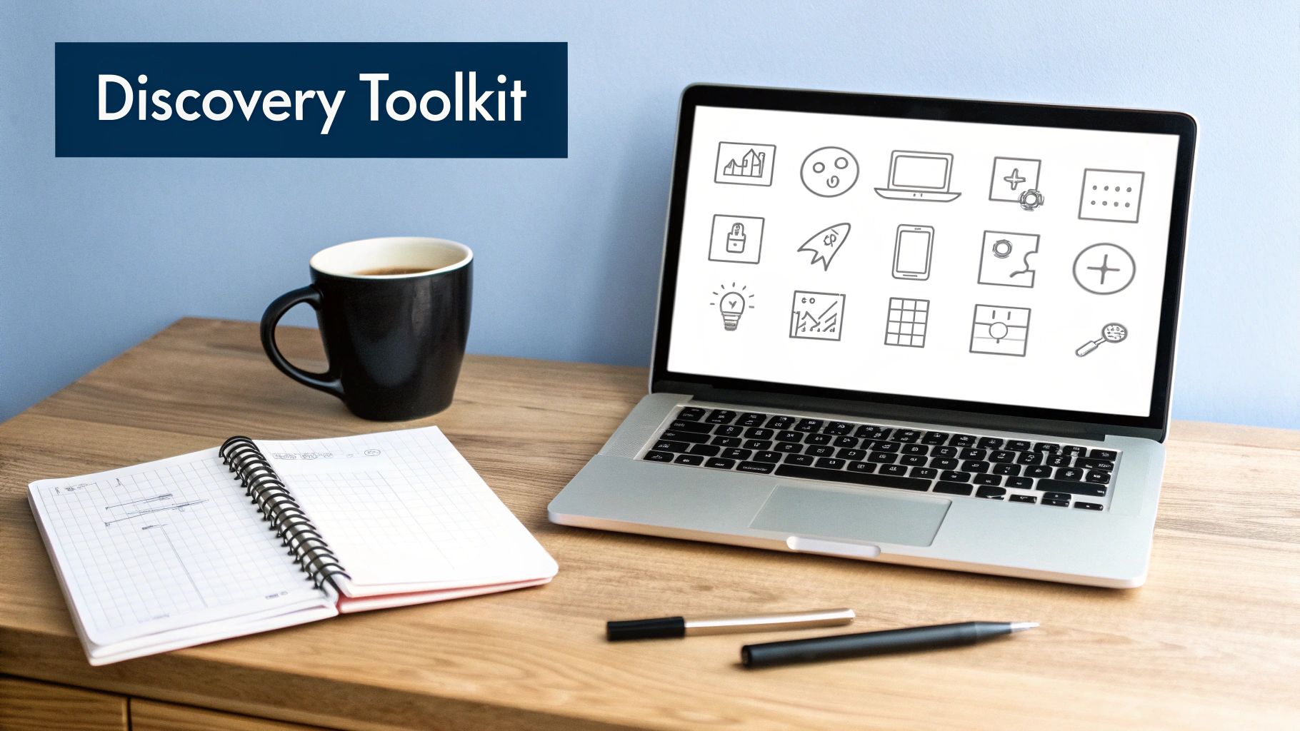 Illustration of various product discovery tools and frameworks like Figma, UserTesting, and RICE, arranged like a toolkit.