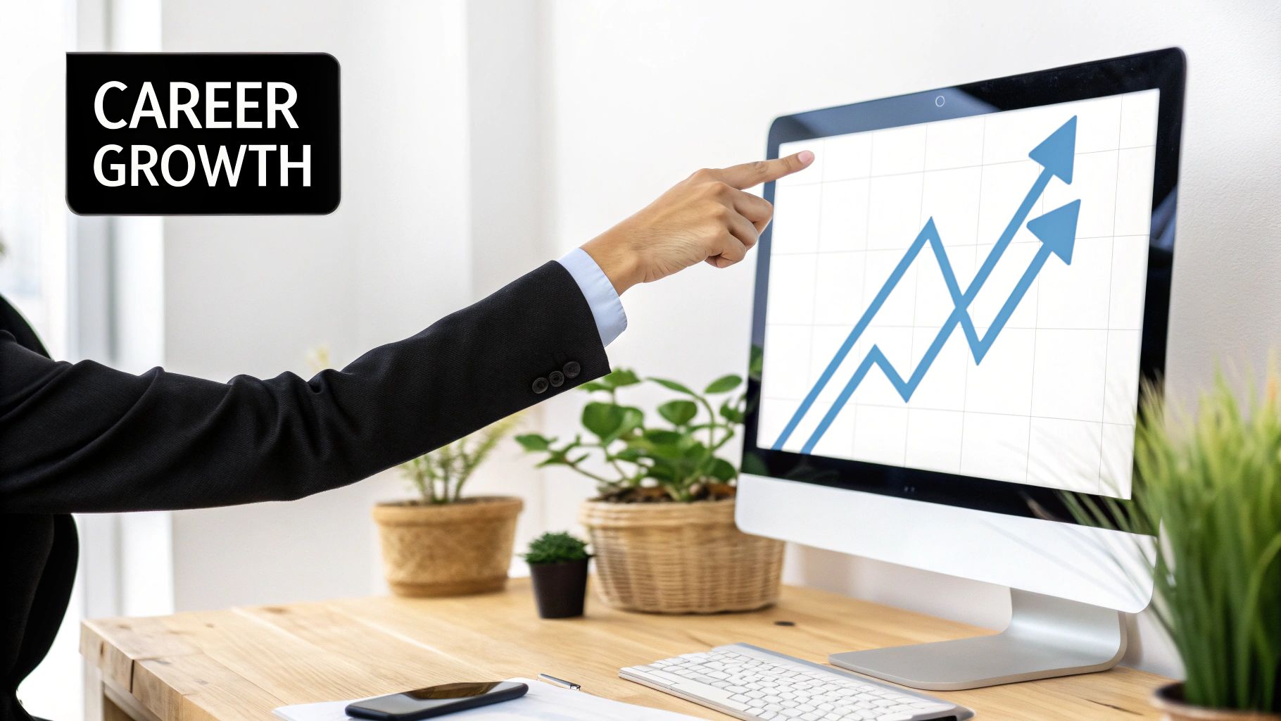 A person ascending a brightly lit staircase, symbolizing career progression.