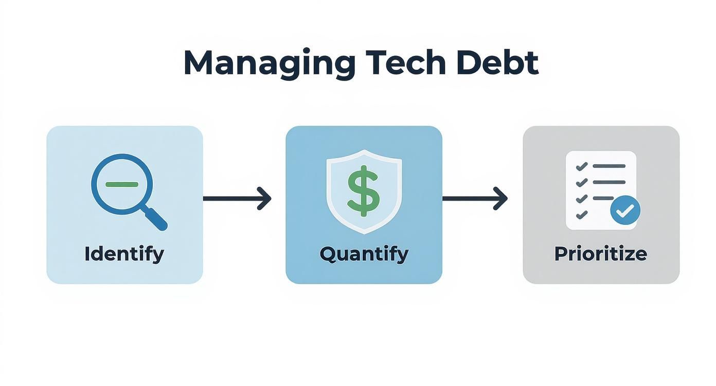 Three-step tech debt management process showing identify, quantify, and prioritize stages with icons