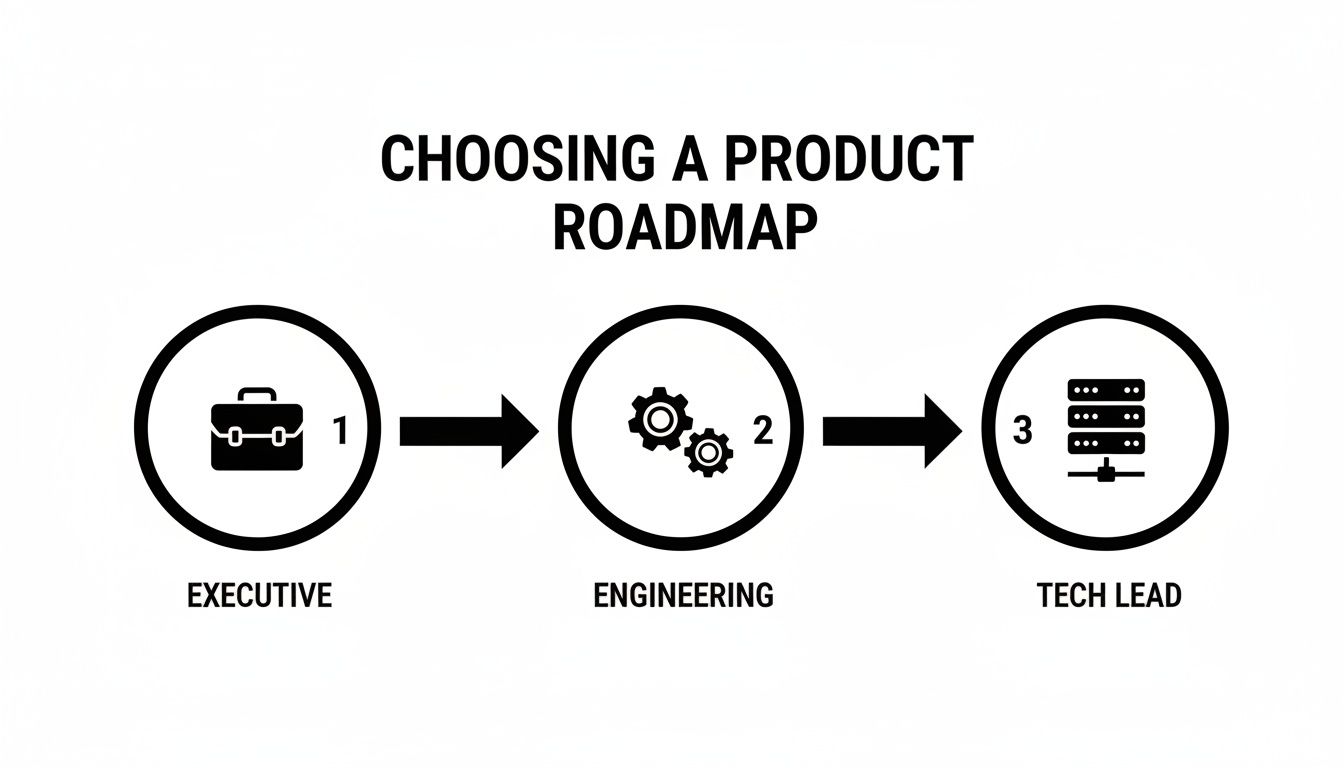 A diagram illustrating the three-step process for choosing a product roadmap, involving executive, engineering, and tech lead roles.