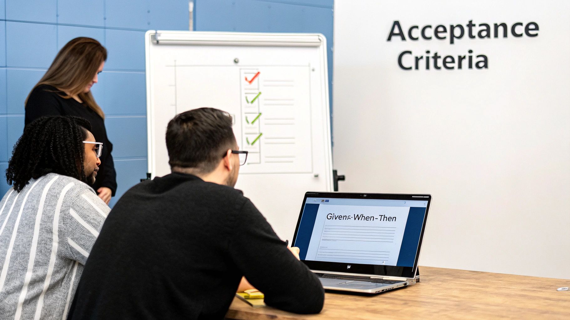 A team collaborates on acceptance criteria, reviewing a laptop screen with 'Given-When-Then' and a whiteboard checklist.