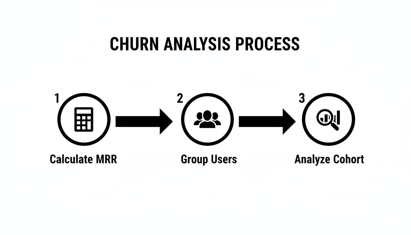 A clear diagram illustrating the 3-step churn analysis process for SaaS businesses.