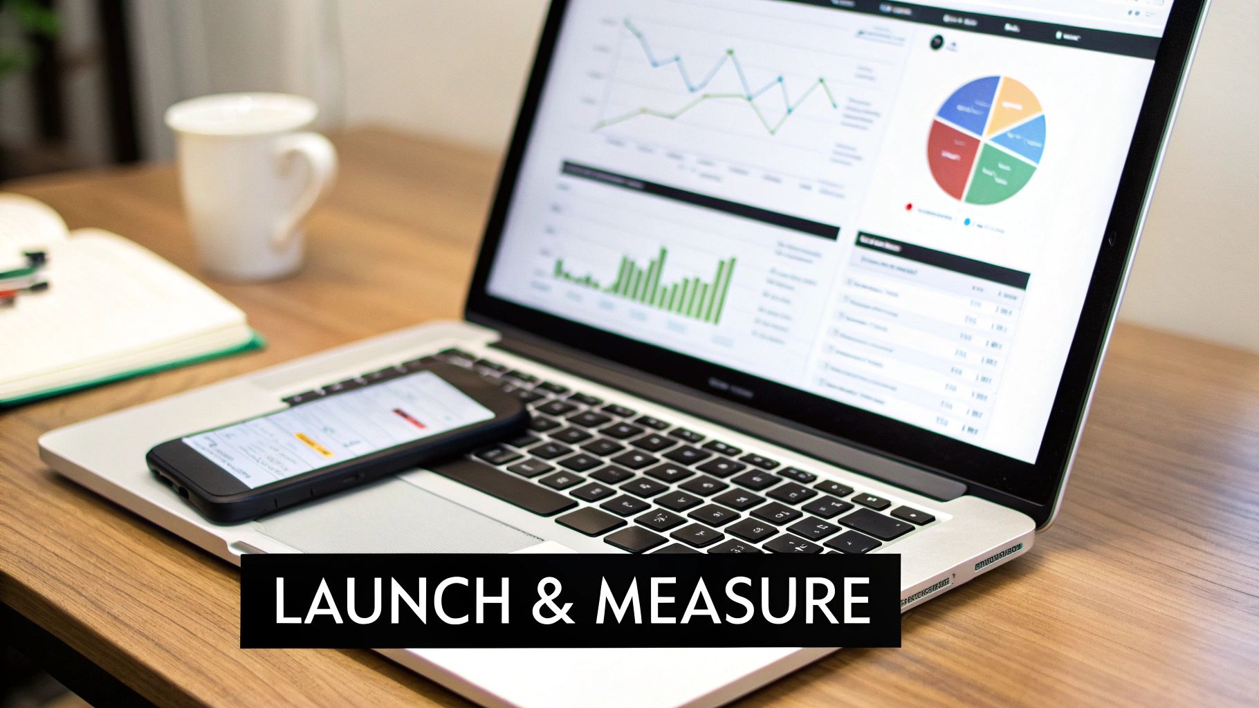 A laptop displays data analytics charts and graphs, with a smartphone on the keyboard, on a wooden desk. Text reads 'LAUNCH & MEASURE'.