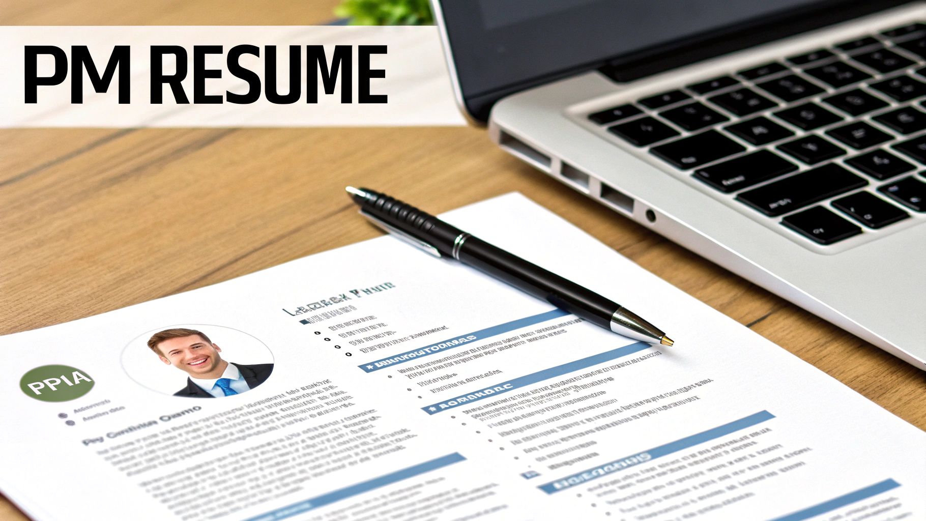 A PM resume document with a professional photo of a smiling man, a pen, and a laptop.