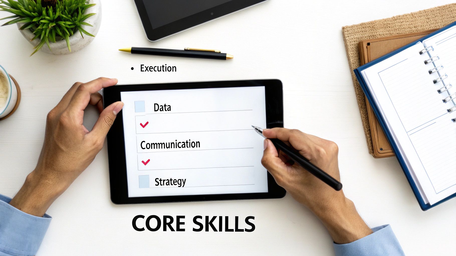Professional hands interacting with a tablet displaying a checklist of core business skills.