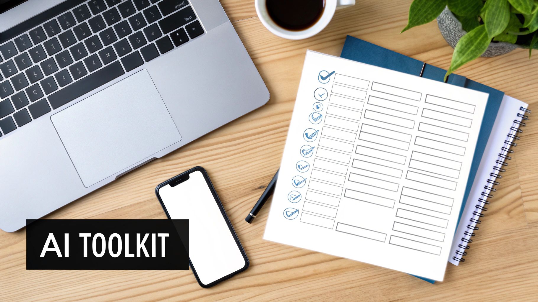 A desk with a laptop, smartphone, coffee, plant, and a checklist document with 'AI Toolkit' overlay.