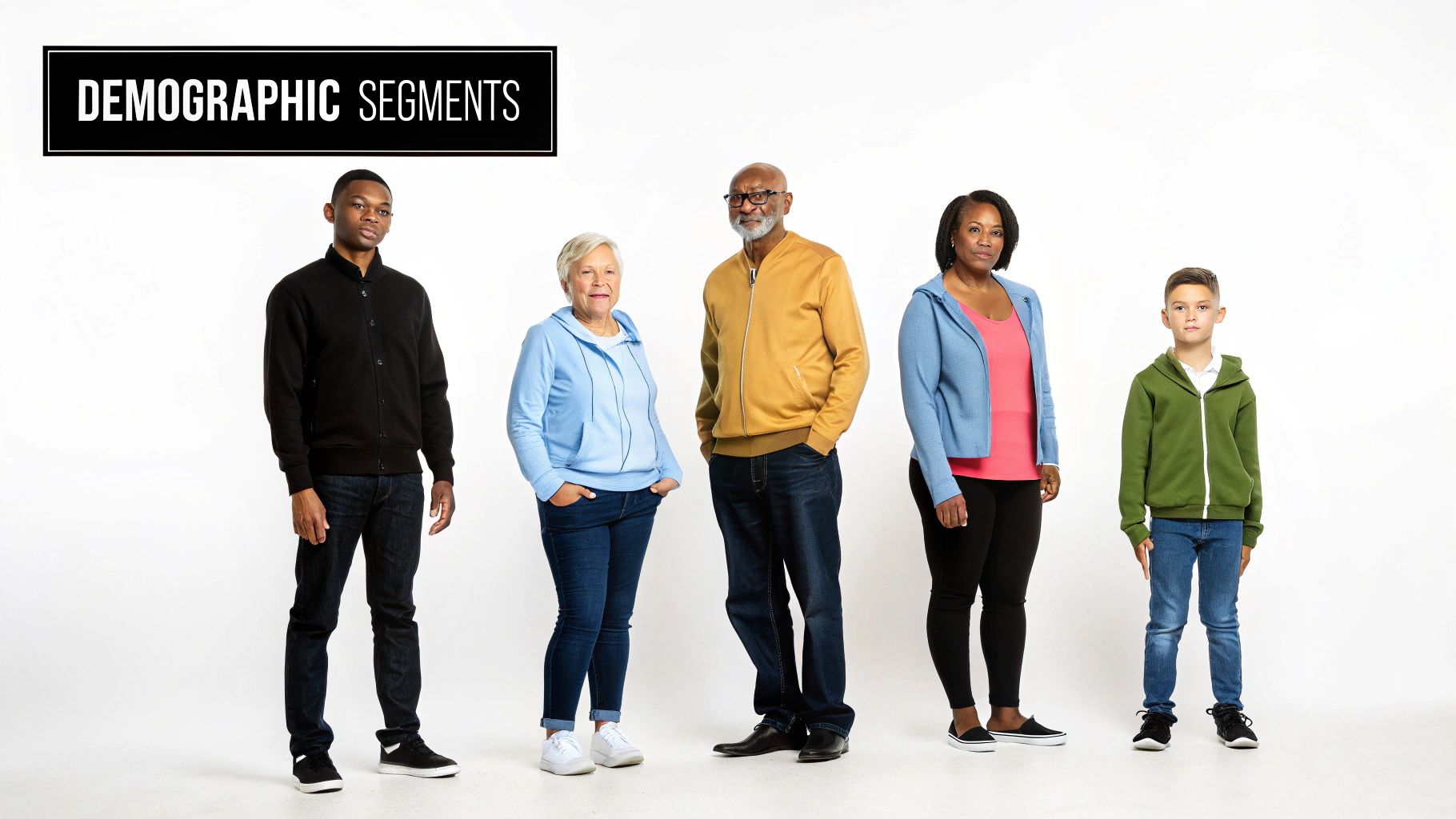 Diverse group of five people representing different demographic segments standing together on white background