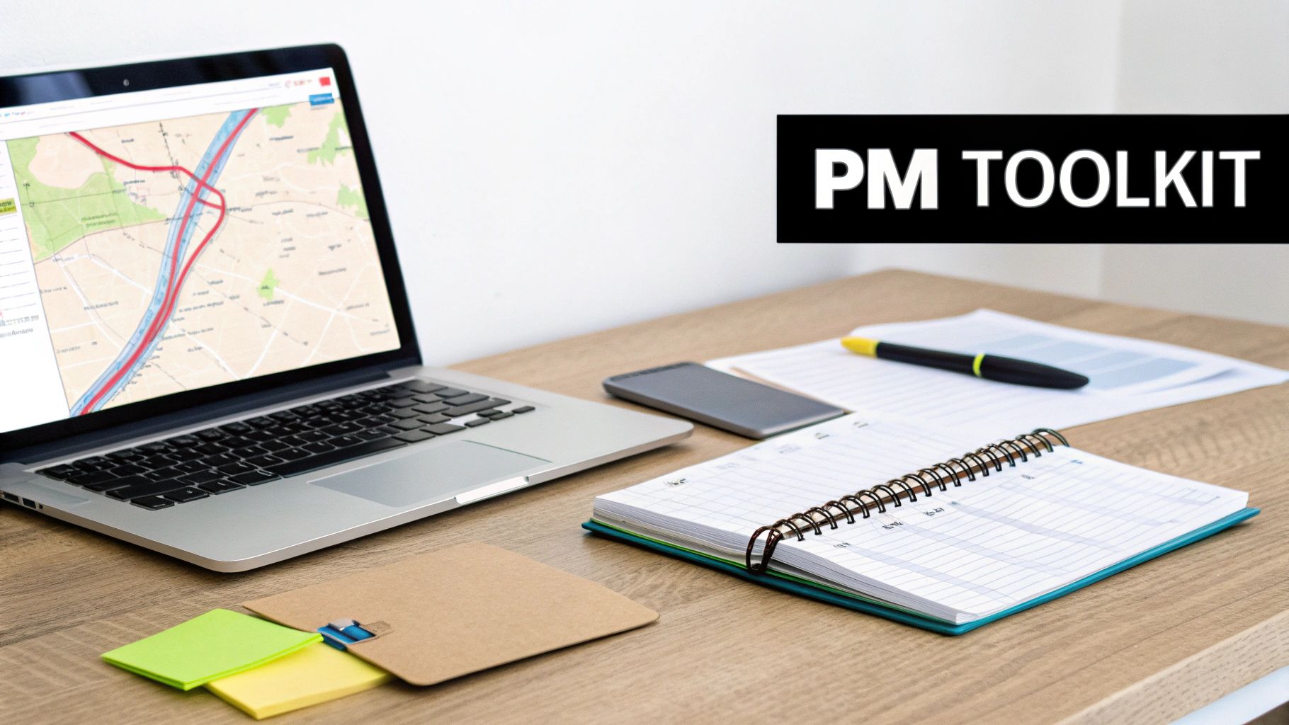 A project management toolkit on a wooden desk with a laptop, planner, phone, pen, and sticky notes.