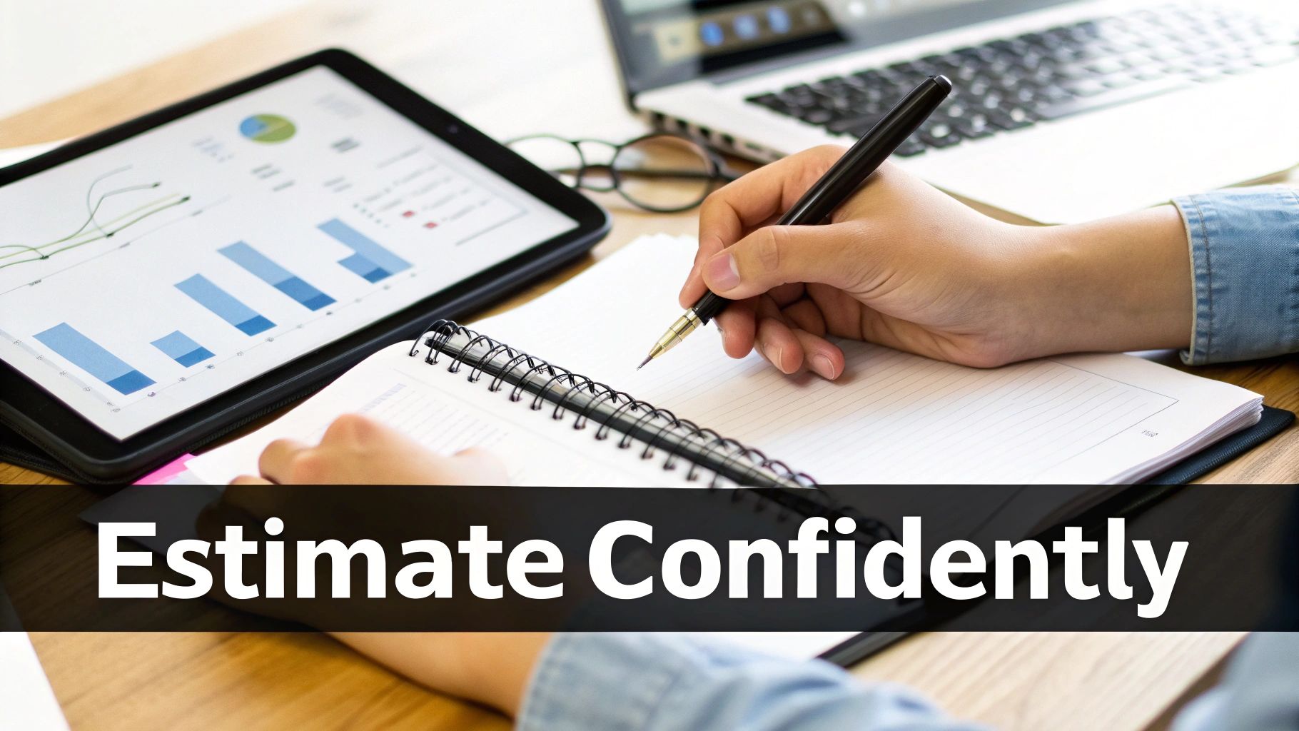 A person writes, analyzing data on a tablet with charts, embodying confident estimation and planning.