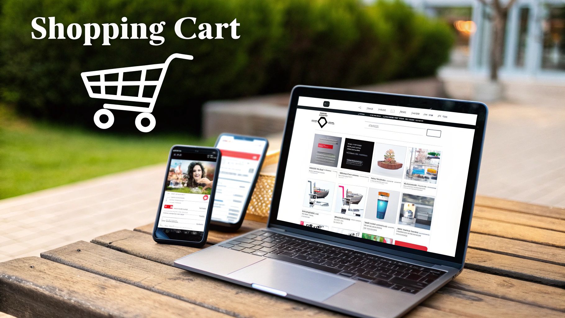 A laptop and two smartphones displaying an e-commerce website, with 'Shopping Cart' text and icon.