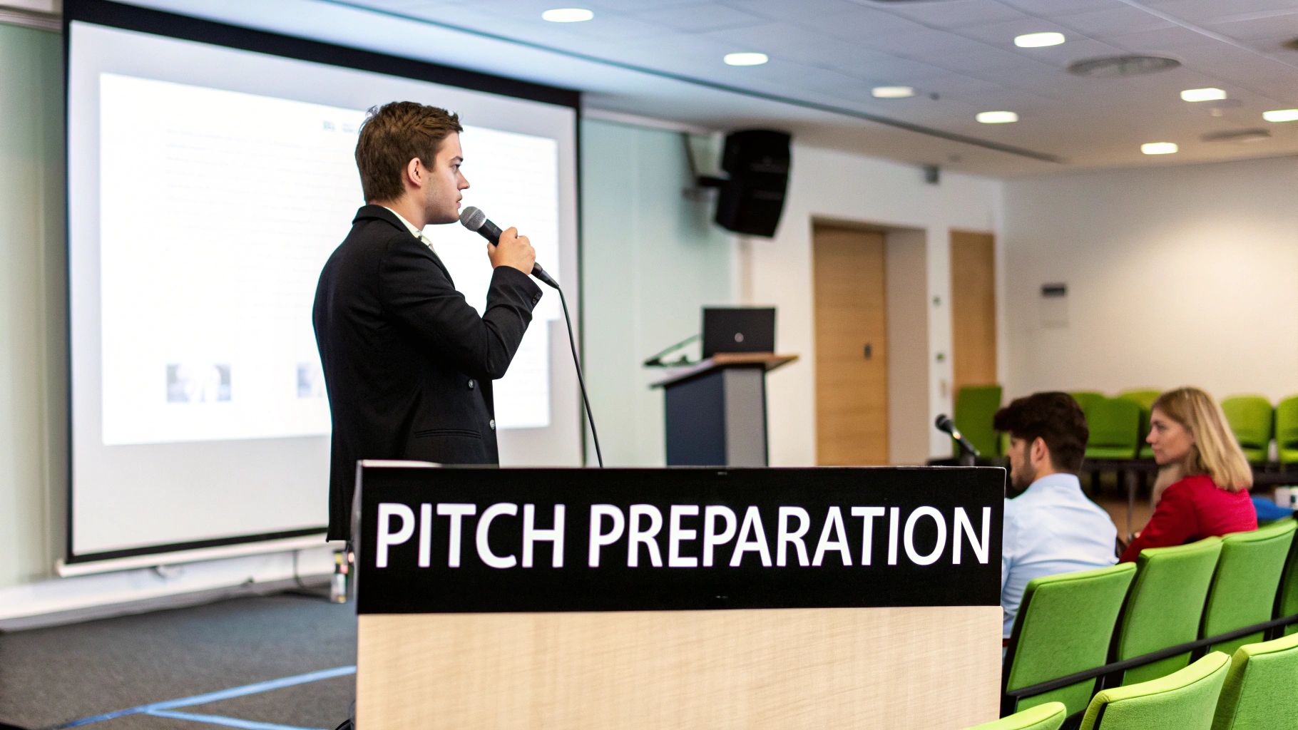 A person sitting at a desk, looking thoughtful while reviewing a career plan, with sticky notes on a wall behind them.