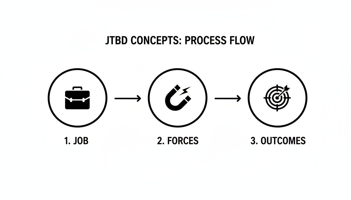 A diagram illustrating the Jobs-to-be-Done (JTBD) process flow: Job, Forces, and Outcomes.