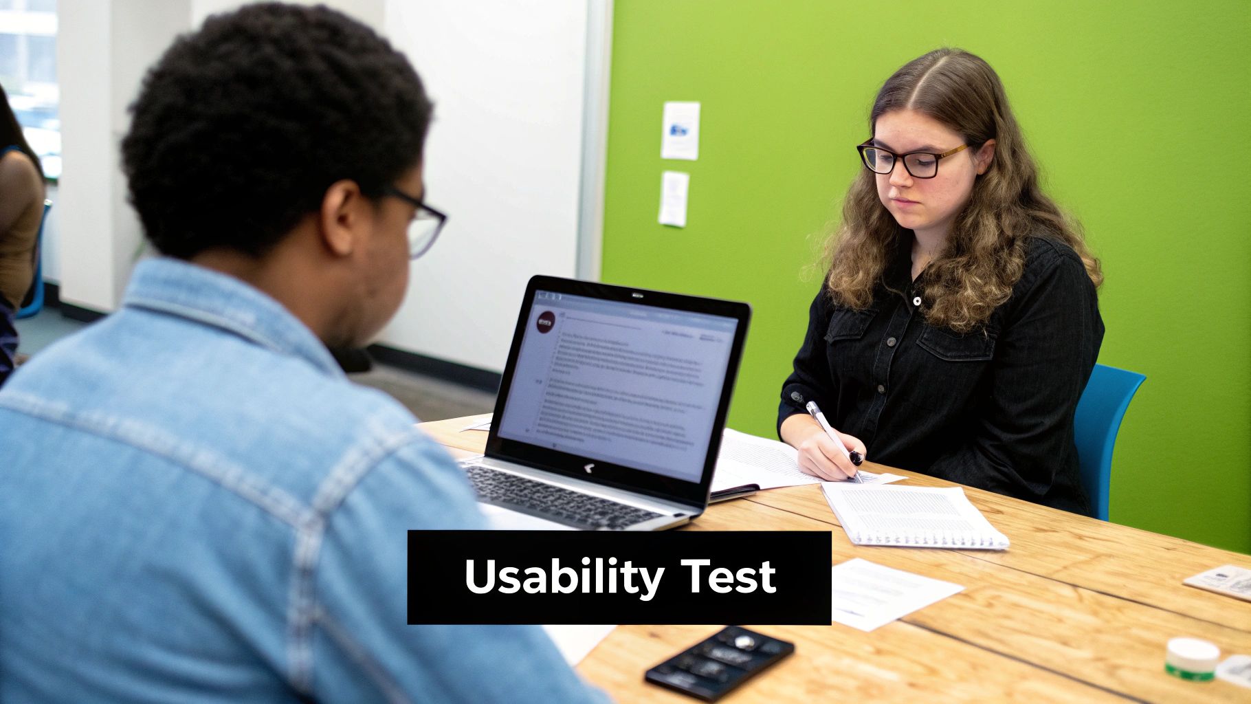 Two people conducting a usability test; a woman writes notes while a man uses a laptop.