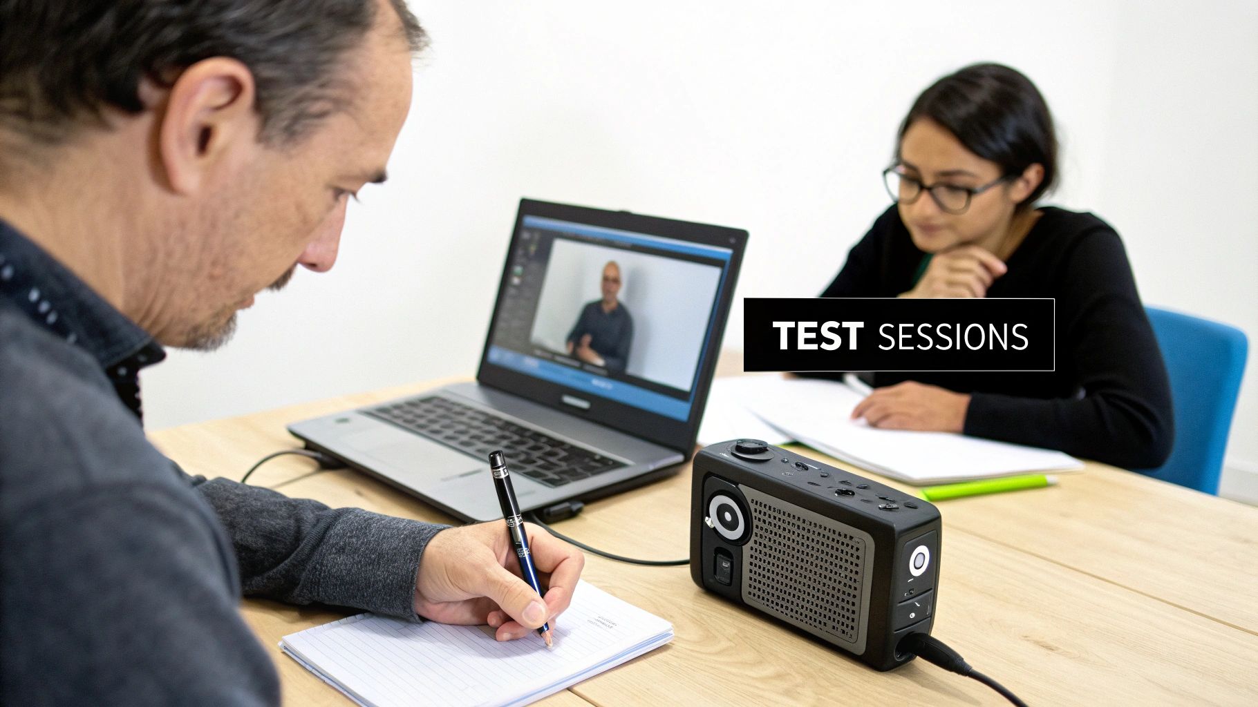 Two people engaged in a test session, one writing notes while watching a laptop screen.