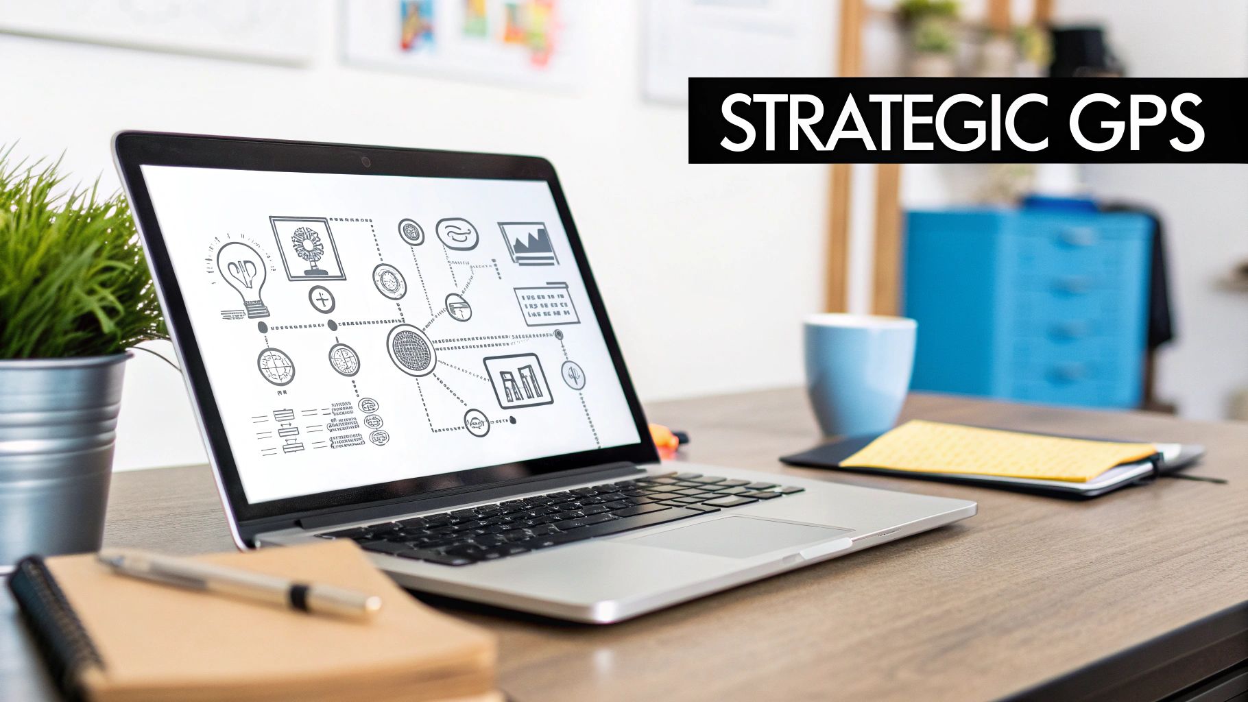 A laptop on a wooden desk displays a strategic planning diagram, with 'STRATEGIC GPS' overlaid.