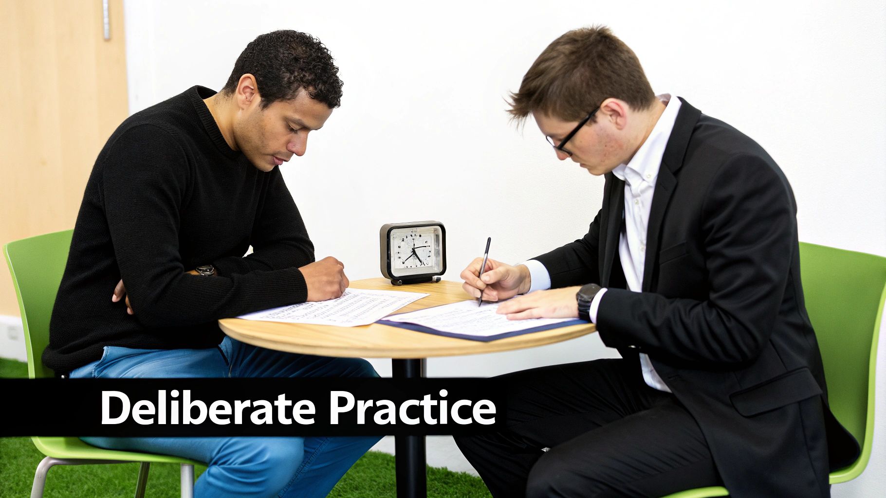 Two men intently write on papers at a table with an alarm clock, suggesting a timed assessment or practice session.