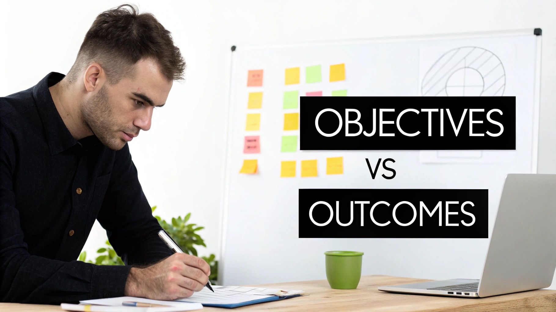A man writing at a desk with a whiteboard in a background, featuring 'Objectives vs Outcomes' text.